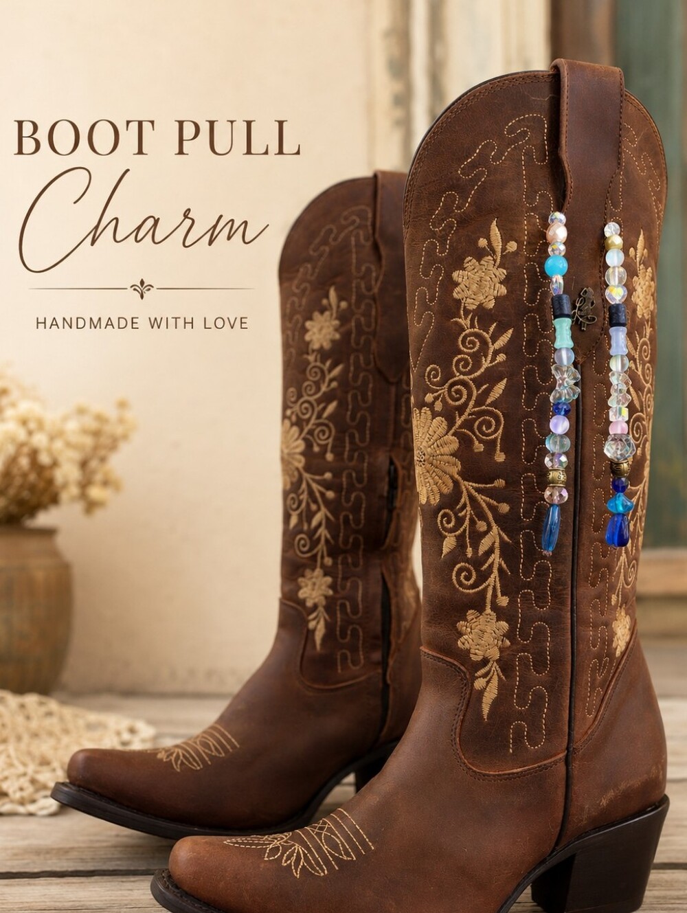 Georgia Peach Co Handmade Glass Beaded Boot Pull Charm Western Boot Jewelry